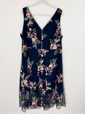 Vince Camuto Navy Floral Midi Dress with Pink & Green Embroidery